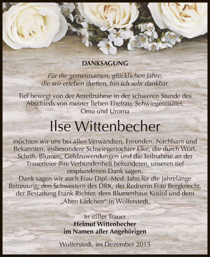 Traueranzeige für Ilse Wittenbecher vom 02.12.2015 aus WVG - Wochenspiegel SGH