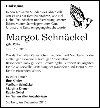 Traueranzeige von Margot Schnäckel von Mitteldeutsche Zeitung Sangerhausen