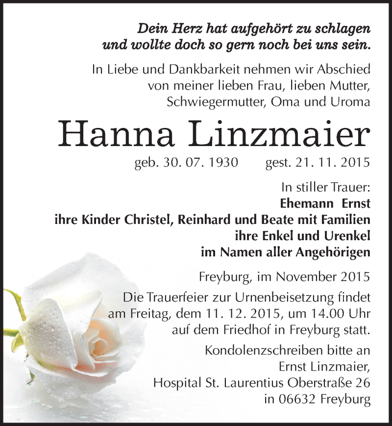  Traueranzeige für Hanna Linzmaier vom 05.12.2015 aus Mitteldeutsche Zeitung Naumburg/Nebra