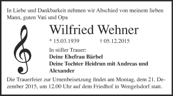 Traueranzeige von Wilfried Wehner von WVG - Wochenspiegel Merseburg