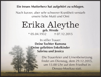 Traueranzeige von Erika Aleythe von Mitteldeutsche Zeitung Dessau-Roßlau