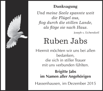 Traueranzeige von Ruben Jabs von WVG - Wochenspiegel NMB / WSF / ZTZ