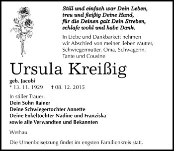 Traueranzeige von Ursula Kreißig von Mitteldeutsche Zeitung Naumburg/Nebra