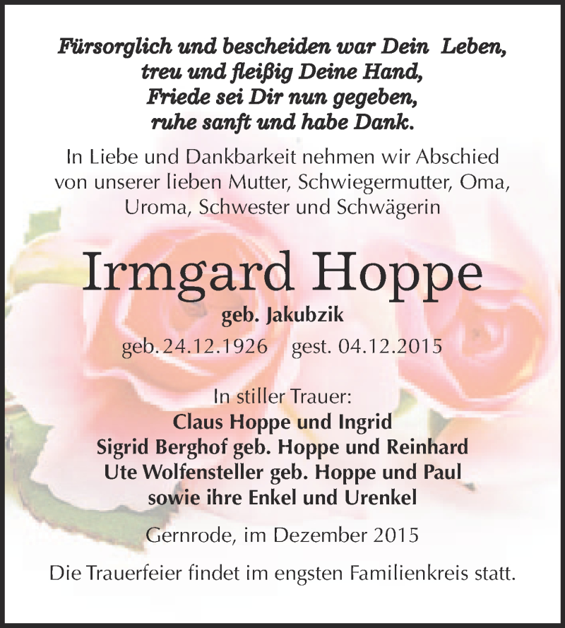  Traueranzeige für Irmgard Hoppe vom 12.12.2015 aus WVG - Wochenspiegel Quedlinburg