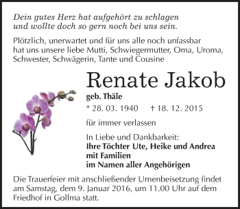 Traueranzeige von Renate Jakob von Mitteldeutsche Zeitung Halle/Saalkreis