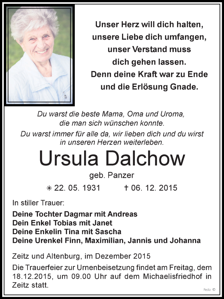  Traueranzeige für Ursula Dalchow vom 12.12.2015 aus Super Sonntag Zeitz
