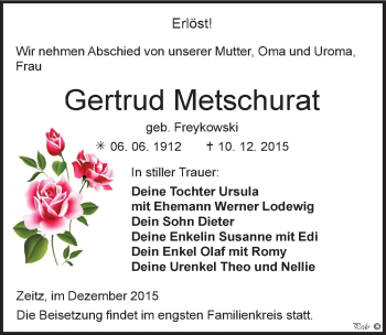 Traueranzeige von Gertrud Metschurat von Mitteldeutsche Zeitung Zeitz