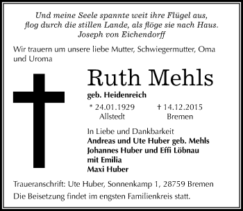 Traueranzeige von Ruth Mehls von Mitteldeutsche Zeitung Sangerhausen