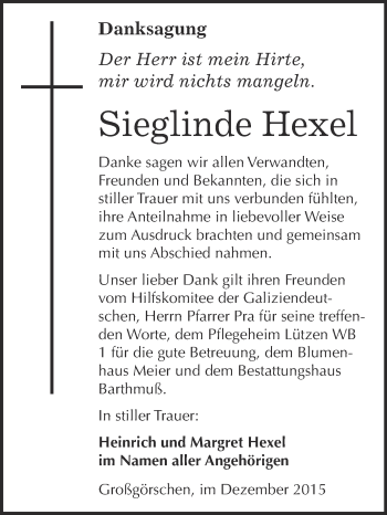 Traueranzeige von Sieglinde Hexel von WVG - Wochenspiegel Merseburg