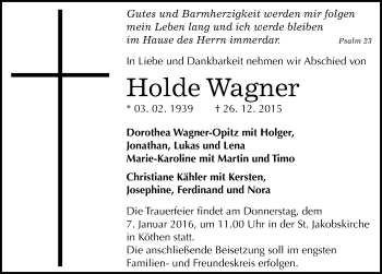 Traueranzeige von Holde Wagner von Mitteldeutsche Zeitung Köthen