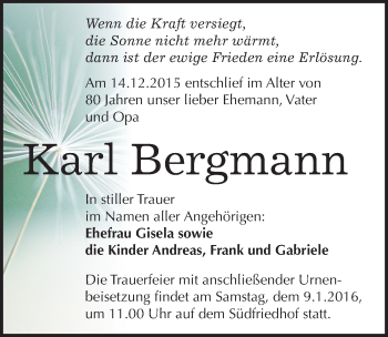 Traueranzeige von Karl Bergmann von Mitteldeutsche Zeitung Halle/Saalkreis