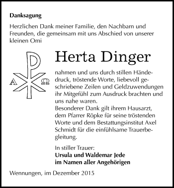 Traueranzeige von Herta Dinger von Mitteldeutsche Zeitung Naumburg/Nebra
