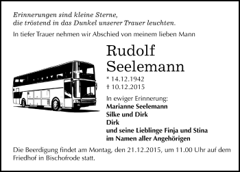 Traueranzeige von Rudolf Seelemann von Mitteldeutsche Zeitung Mansfelder Land