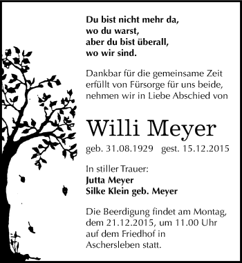 Traueranzeige von Willi Meyer von Mitteldeutsche Zeitung Aschersleben