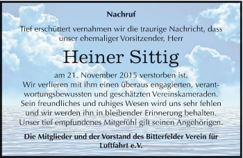 Traueranzeige von Heiner Sittig von Mitteldeutsche Zeitung Bitterfeld