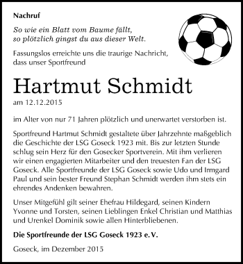 Traueranzeige von Hartmut Schmidt von Mitteldeutsche Zeitung Weißenfels