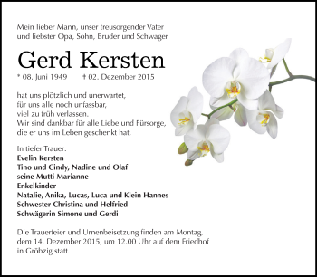 Traueranzeige von Gerd Kersten von WVG - Wochenspiegel Dessau / Köthen