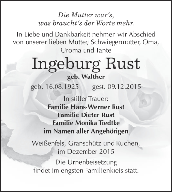 Traueranzeige von Ingeburg Rust von WVG - Wochenspiegel NMB / WSF / ZTZ