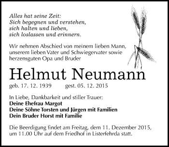 Traueranzeige von Helmut Neumann von Mitteldeutsche Zeitung Wittenberg