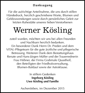 Traueranzeige von Werner Kösling von Mitteldeutsche Zeitung Aschersleben