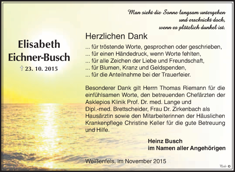  Traueranzeige für Elisabeth Eichner-Busch vom 02.12.2015 aus WVG - Wochenspiegel NMB / WSF / ZTZ