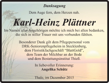 Traueranzeige von Karl-Heinz Plättner von Mitteldeutsche Zeitung Quedlinburg