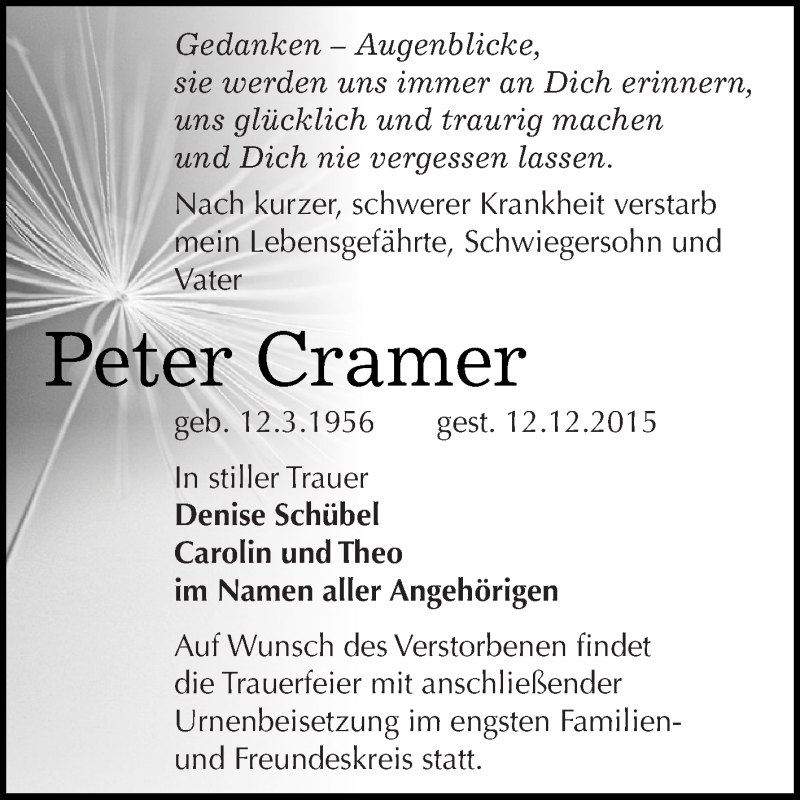  Traueranzeige für Peter Cramer vom 19.12.2015 aus Super Sonntag SGH Mansf. Land