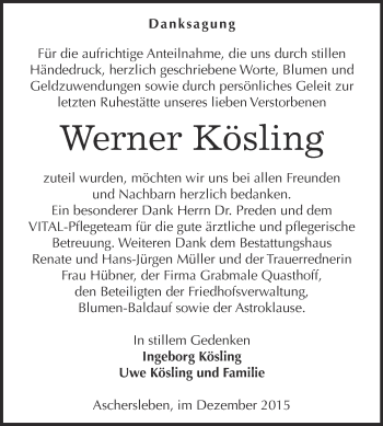 Traueranzeige von Werner Kösling von Super Sonntag Aschersleben