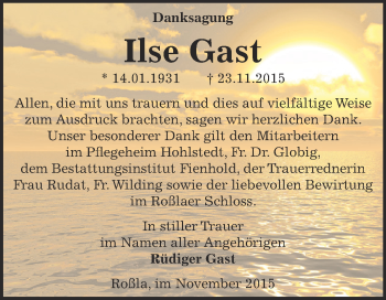 Traueranzeige von Ilse Gast von Super Sonntag SGH Mansf. Land
