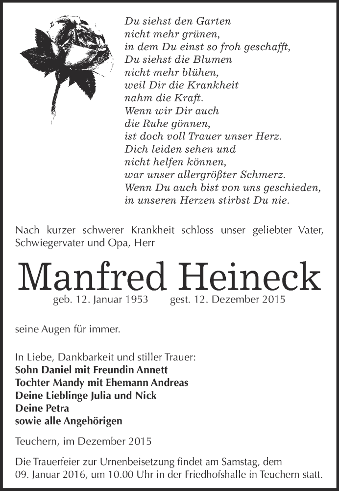  Traueranzeige für Manfred Heineck vom 30.12.2015 aus WVG - Wochenspiegel NMB / WSF / ZTZ