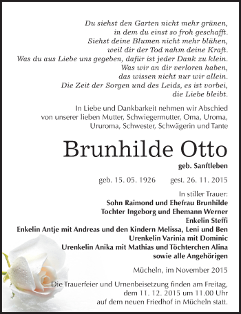 Traueranzeige von Brunhilde Otto von Mitteldeutsche Zeitung Merseburg/Querfurt