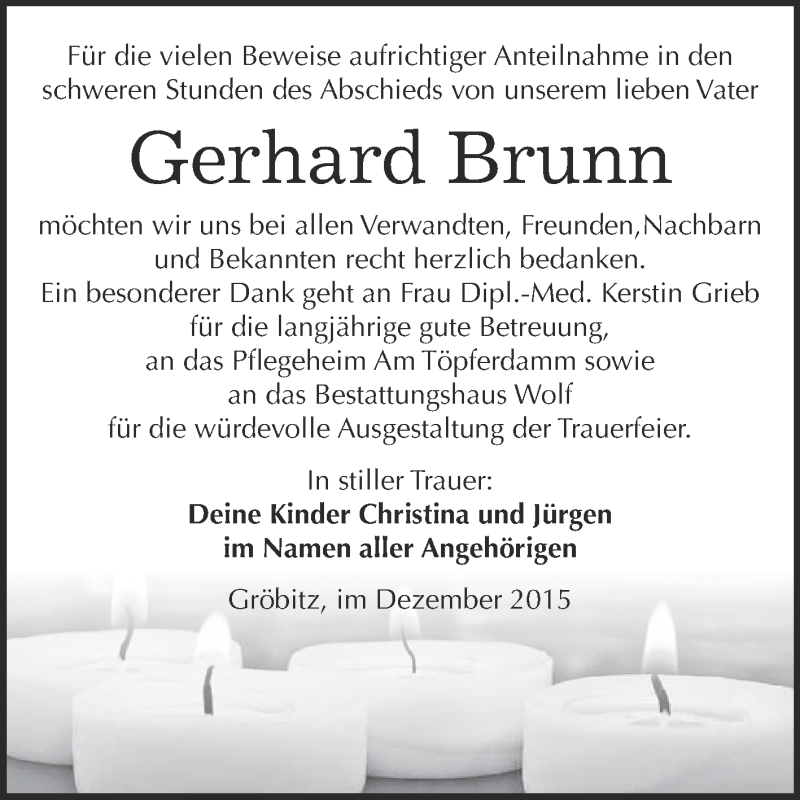  Traueranzeige für Gerhard Brunn vom 09.12.2015 aus WVG - Wochenspiegel NMB / WSF / ZTZ