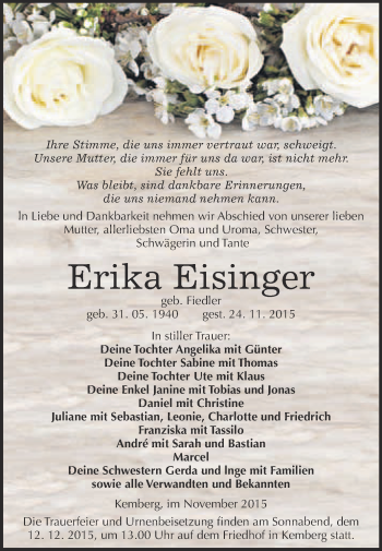 Traueranzeige von Erika Eisinger von WVG - Wochenspiegel Wittenberg