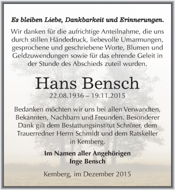 Traueranzeige von Hans Bensch von Mitteldeutsche Zeitung Wittenberg