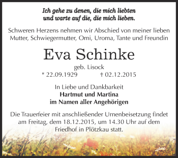 Traueranzeige von Eva Schinke von Super Sonntag Bernburg