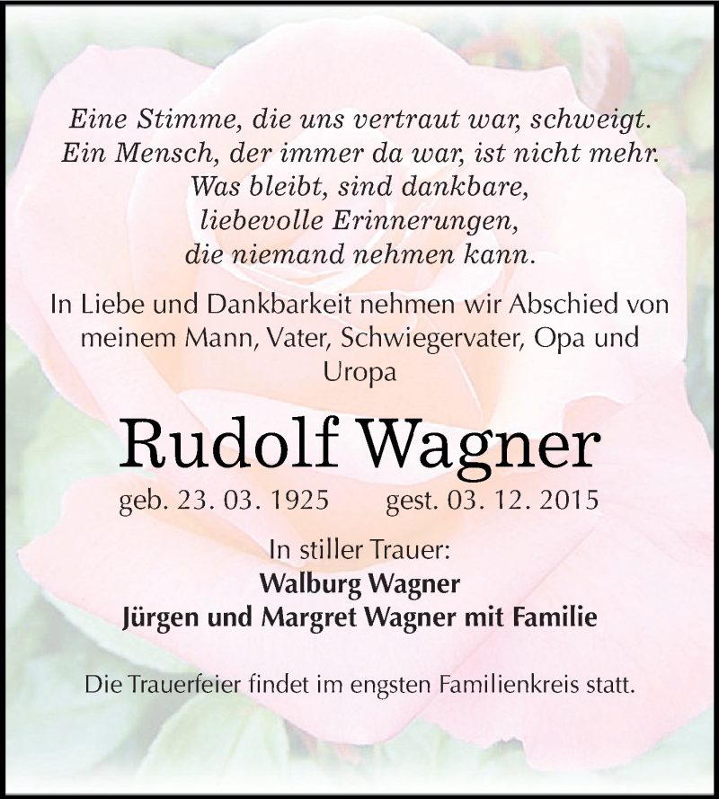  Traueranzeige für Rudolf Wagner vom 12.12.2015 aus Super Sonntag Zeitz