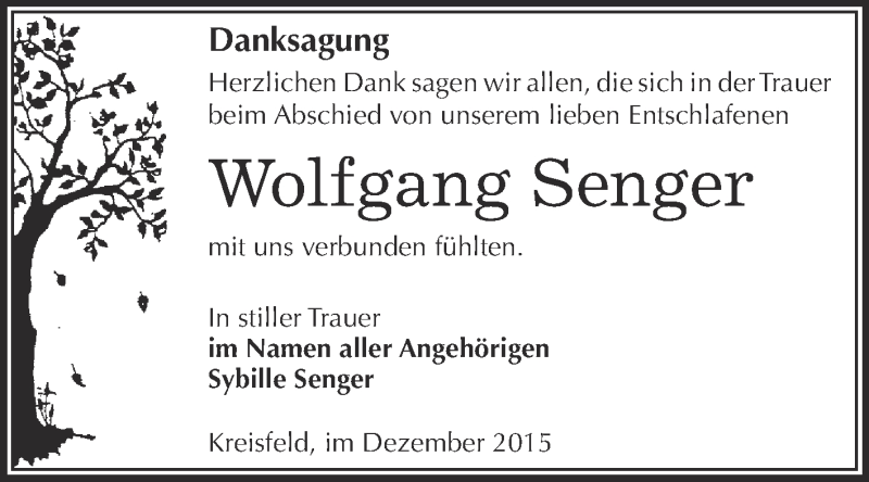  Traueranzeige für Wolfgang Senger vom 30.12.2015 aus Wochenspiegel Mansfelder Land