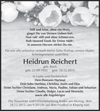 Traueranzeige von Heidrun Reichert von WVG - Wochenspiegel Dessau / Köthen