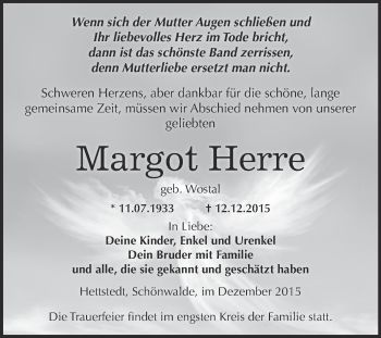 Traueranzeige von Margot Herre von Wochenspiegel Mansfelder Land