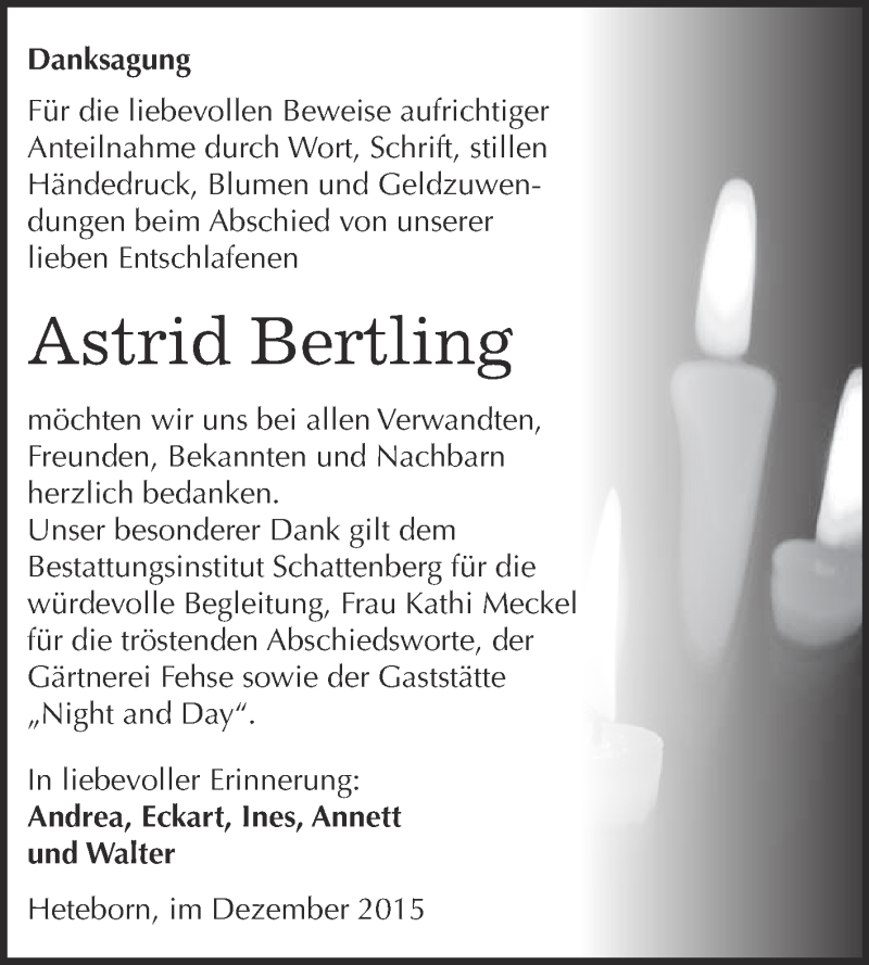  Traueranzeige für Astrid Bertling vom 05.12.2015 aus Super Sonntag Quedlinburg