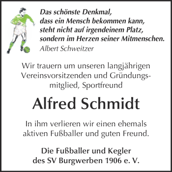 Traueranzeige von Alfred Schmidt von WVG - Wochenspiegel NMB / WSF / ZTZ