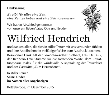 Traueranzeige von Wilfried Hendrich von Mitteldeutsche Zeitung Sangerhausen