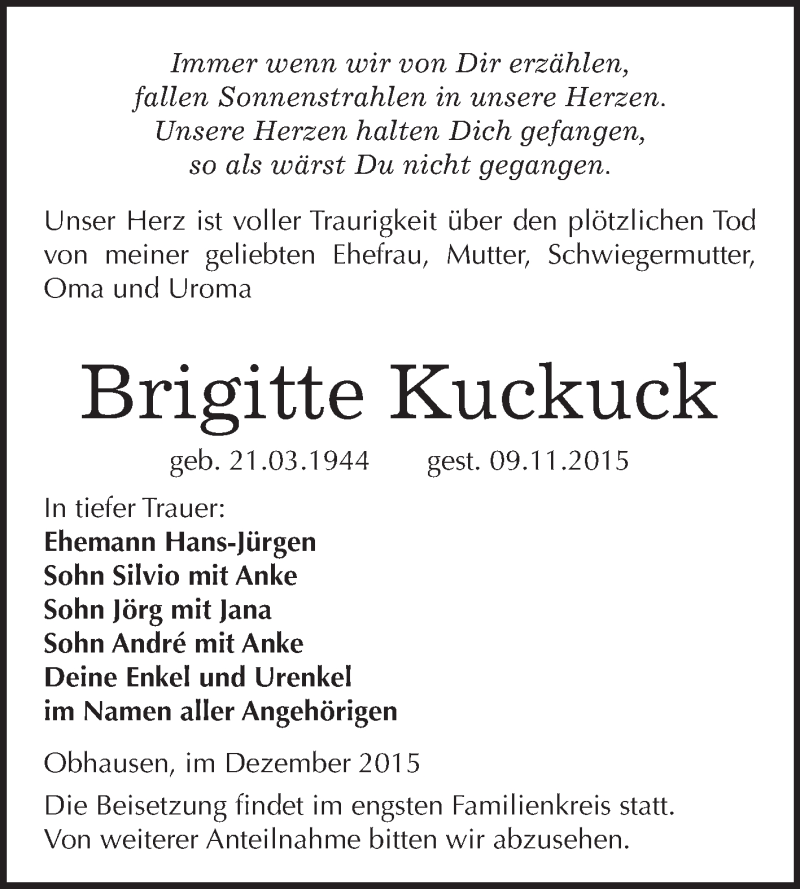 Traueranzeige für Brigitte Kuckuck vom 09.12.2015 aus WVG - Wochenspiegel Merseburg