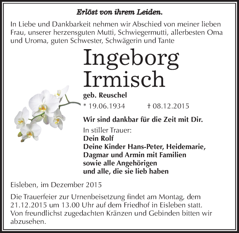  Traueranzeige für Ingeborg Irmisch vom 12.12.2015 aus Mitteldeutsche Zeitung Mansfelder Land