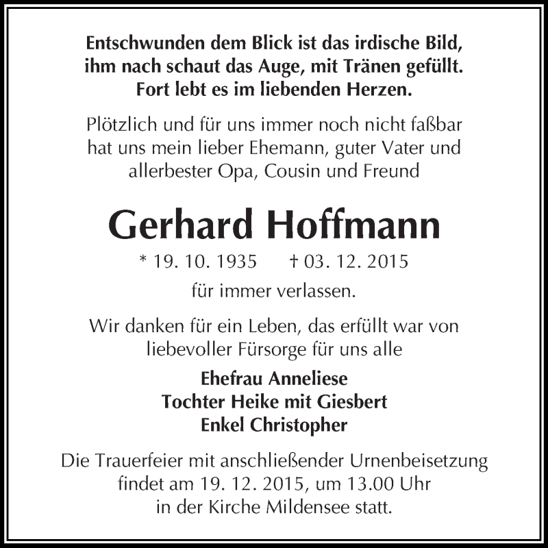  Traueranzeige für Gerhard Hoffmann vom 16.12.2015 aus WVG - Wochenspiegel Dessau / Köthen