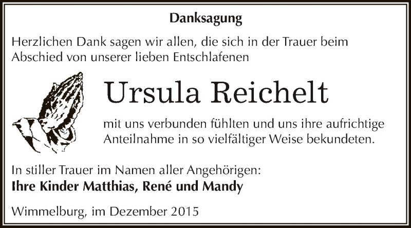  Traueranzeige für Ursula Reichelt vom 02.12.2015 aus Wochenspiegel Mansfelder Land