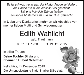 Traueranzeige von Edith Wahlicht von WVG - Wochenspiegel NMB / WSF / ZTZ