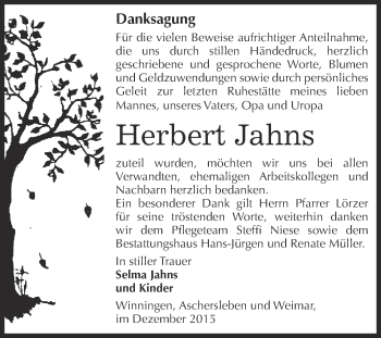 Traueranzeige von Herbert Jahns von Super Sonntag Aschersleben