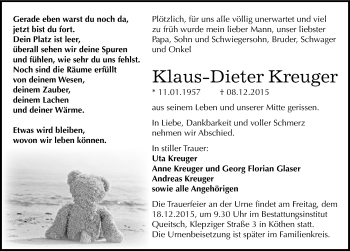 Traueranzeige von Klaus-Dieter Kreuger von Mitteldeutsche Zeitung Köthen