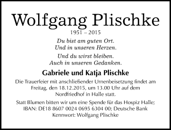 Traueranzeige von Wolfgang Plischke von Mitteldeutsche Zeitung Halle/Saalkreis
